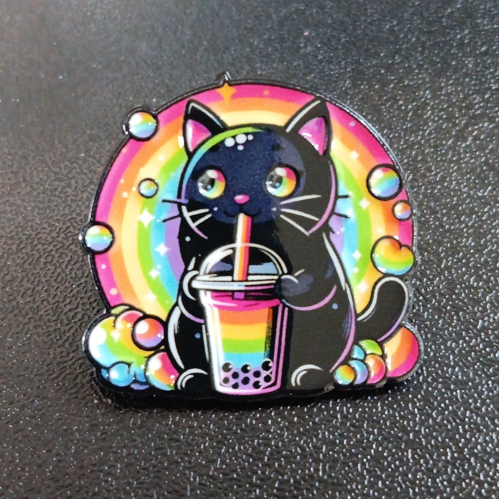 Rainbow Bubble Tea Cat Brooch (NEW) - Picture 1 of 2